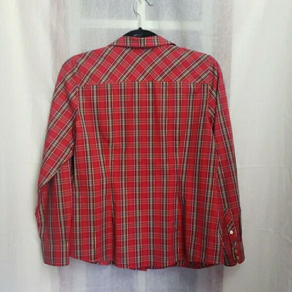 Talbots Non Iron Shirt Top Tartan Red Plaid Gold Button Holiday Womens Size 6p - Picture 3 of 10